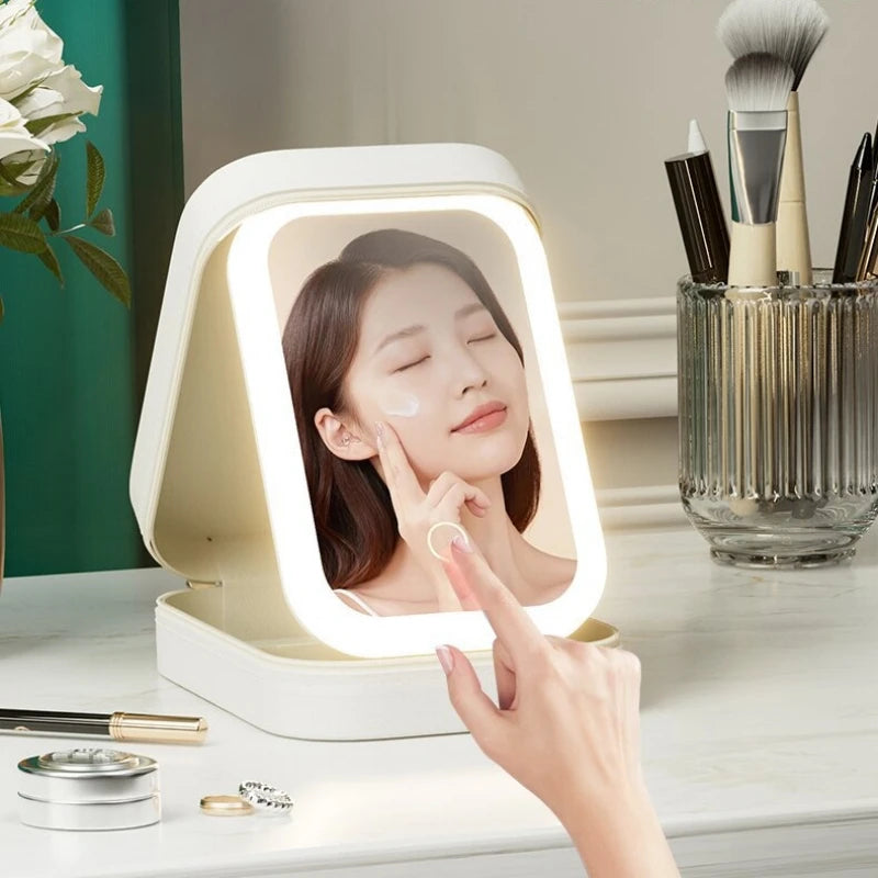 Makeup Storage Box with LED Light Mirror Portable
