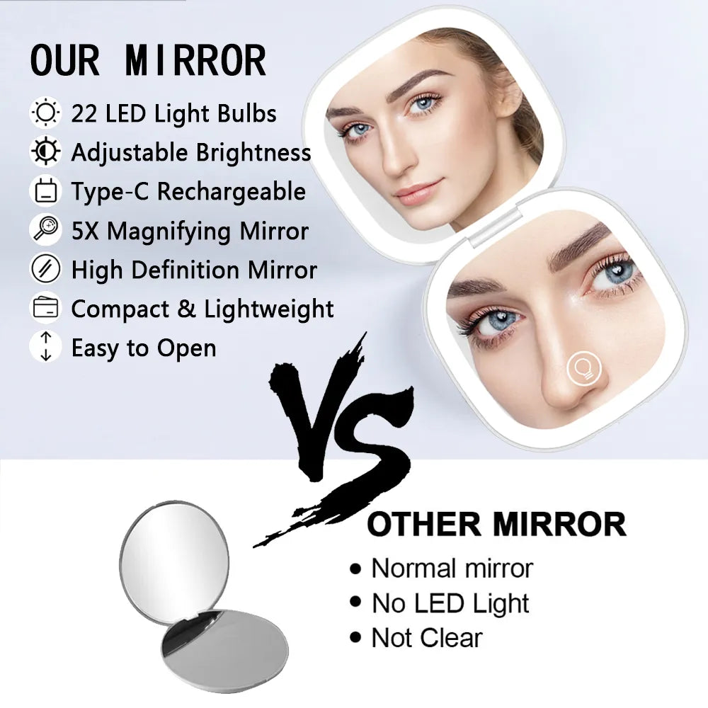 Mini Compact Led Makeup Mirror With Light 5X Magnifying