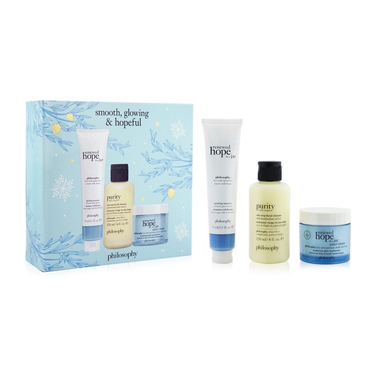 Smooth, Glowing &amp; Hopeful 3-Pieces Set: Renewed Hope In A Jar Peeling Mousse 75ml + One-Step Facial Cleanser 120ml + Renewed Hope In A Jar Hyaluronic Glow Moisturizer 60ml