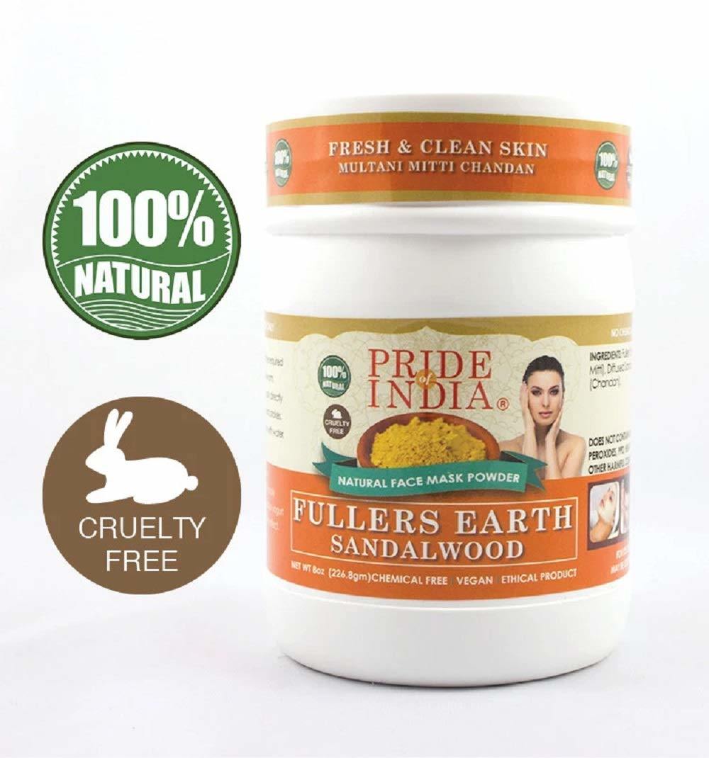 Pride Of India - Fuller's Earth Indian Clay Healing Face Mask Powder w/ Sandalwood, Half Pound Jar, 100% Natural
